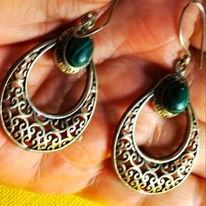 OPEN-CUT FILIGREE MALACHITE SILVER EARRINGS.